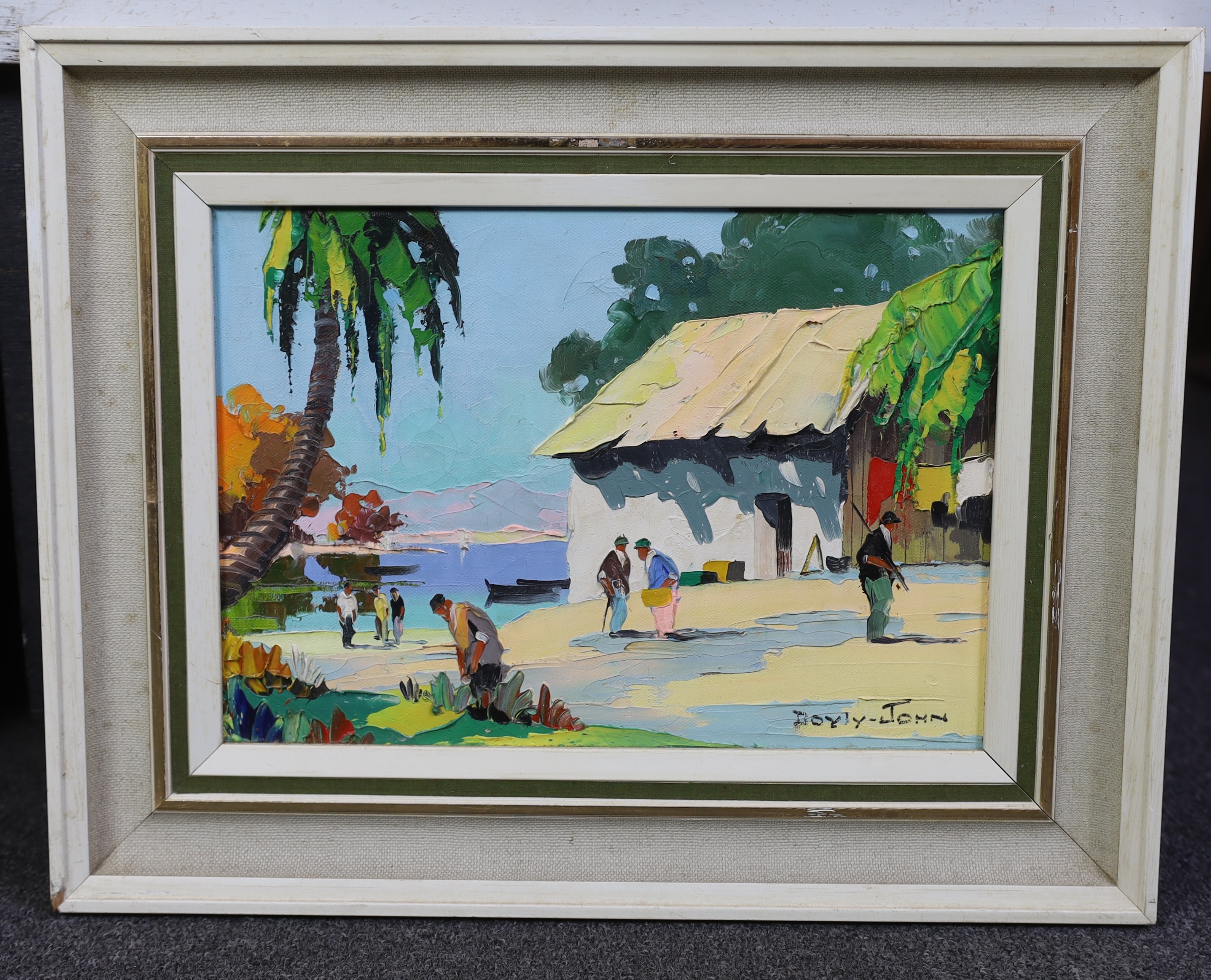Cecil Rochfort D'Oyly John (English, 1906-1993), Fishing village with figures and palm trees, oil on canvas, 24 x 34cm